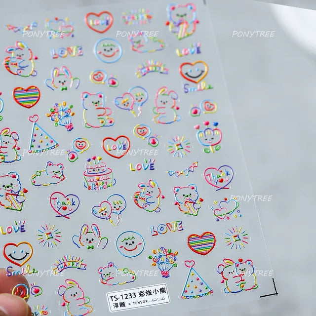 Flower Star Sun Grid Line Interesting Graffiti Tulip Cherry Apple Fruit Dot Painting Adhesive Nail Art Stickers Manicure Decals (ONLINE ORDER ONLY)