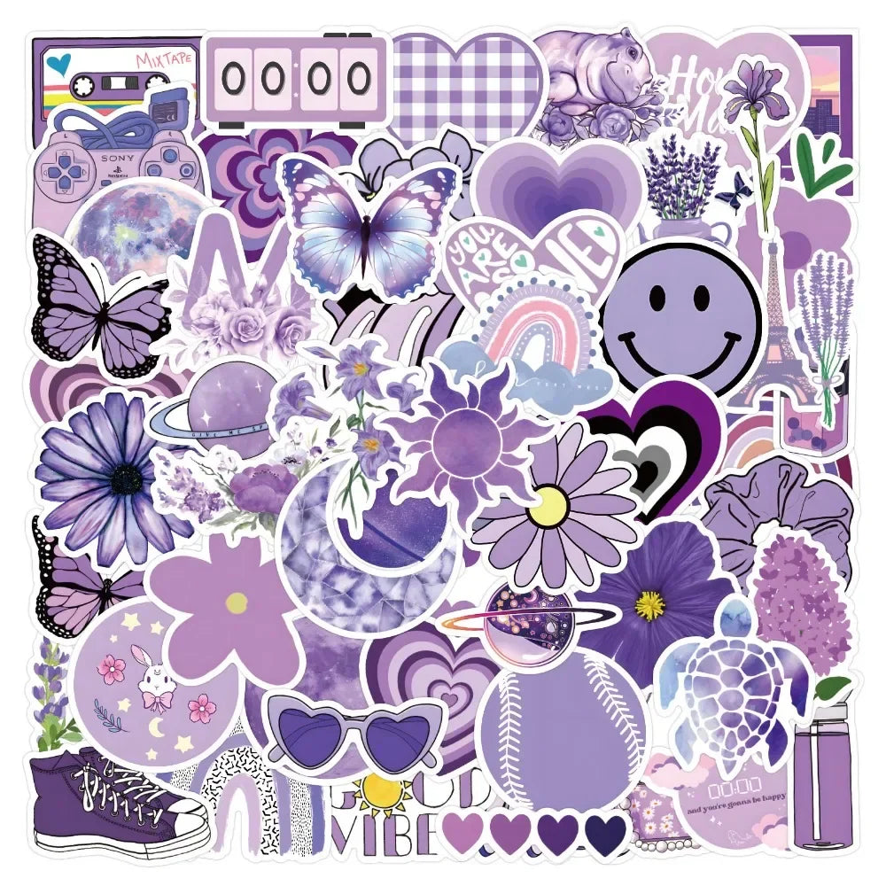 60pcs Purple Aesthetic Small Fresh Cartoon Graffiti Stickers DIY Laptops Water Bottles Phones Decorative Stickers Perfect Gifts (Online Order Only)