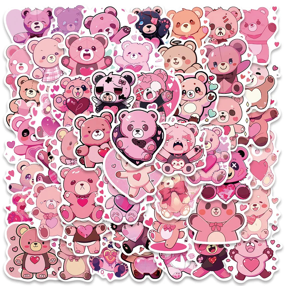 50pcs Cute Cartoon Love Heart Bear Stickers Kids Toy Vinyl Laptop Decals Luggage Phone Diary Guitar Car Waterproof Graffiti (ONLINE ORDER ONLY)
