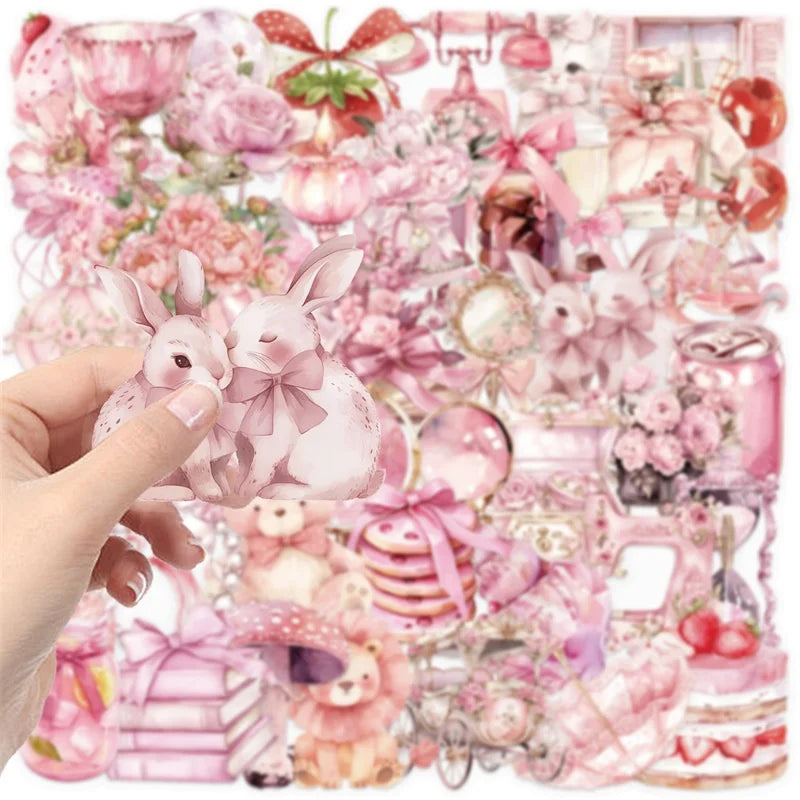50PCS Cartoon Pink PET Sticky Sticker Aesthetic Korean Stationery DIY Decoration Scrapbooking School Supplies for Kids (ONLINE ORDER ONLY)