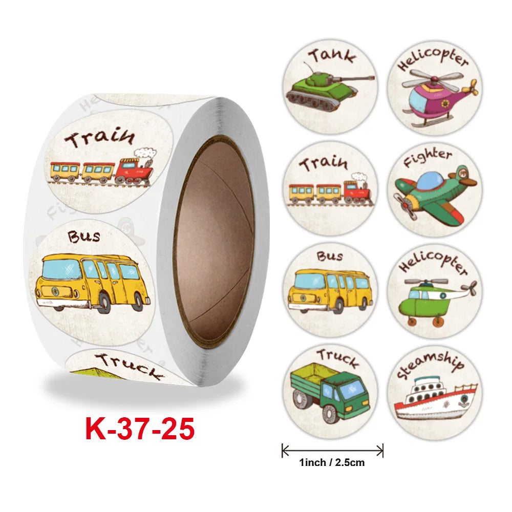 100-500Pcs 1inch Cartoon Car Aircraft Excavator Stickers Children's Toys Reward Learning English Label Stationery Gift Sticker (Online Order Only)