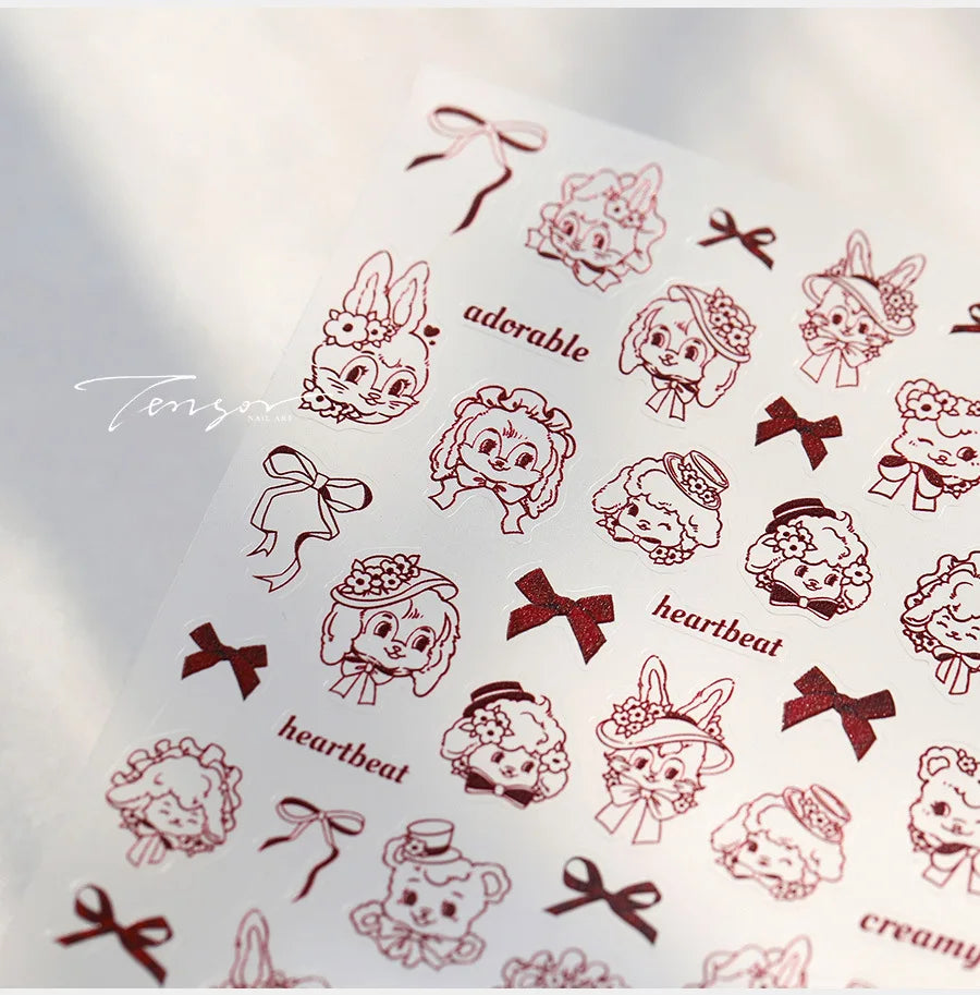 Cute Pet Creamy Rabbit Bear Dog Ribbon Bowknot Lamb Red Painted Heartbeat Flowers Adhesive Nail Art Stickers 3D Manicure Decals (Online Order Only)