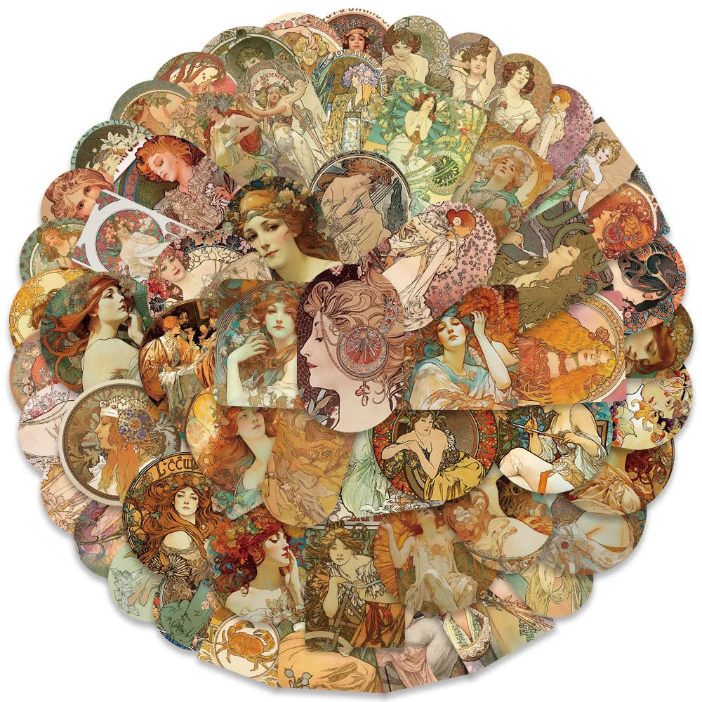 10/30/60PCS Alphonse Maria Mucha Art Graffiti Stickers Aesthetic Decoration DIY Phone Scrapbook Fridge Bike Wall Decals Kids Toy (ONLINE ORDER ONLY)