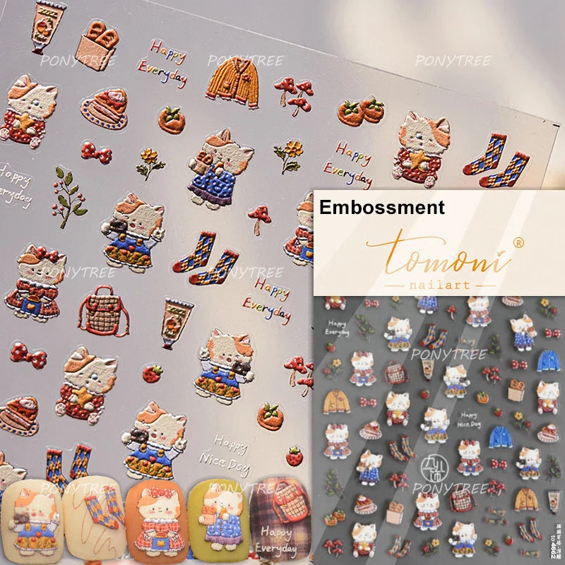 Cream Wind Cat Rabbit Kitten Bunny Bowknot Flower Butterfly Cake Cherry Tulip 5D Self Adhesive Nail Art Stickers Manicure Decals (Online Order Only)