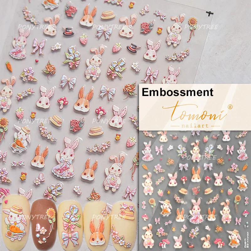 Cream Wind Cat Rabbit Kitten Bunny Bowknot Flower Butterfly Cake Cherry Tulip 5D Self Adhesive Nail Art Stickers Manicure Decals (Online Order Only)