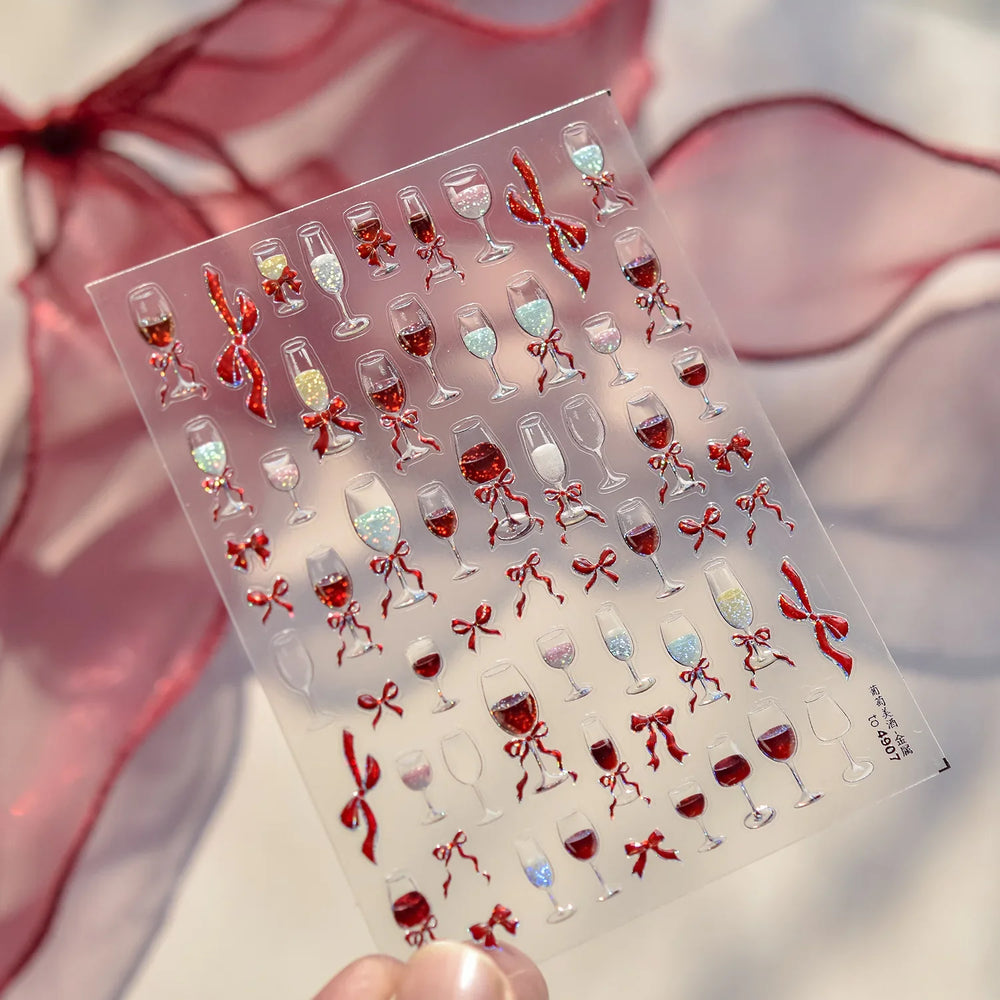 Sexy Red Grape Wine Bowknot Cocktail Goblet Cup Soda Liquid Shiny Sparkling Self Adhesive Nail Art Stickers 3D Manicure Decals (ONLINE ORDER ONLY)