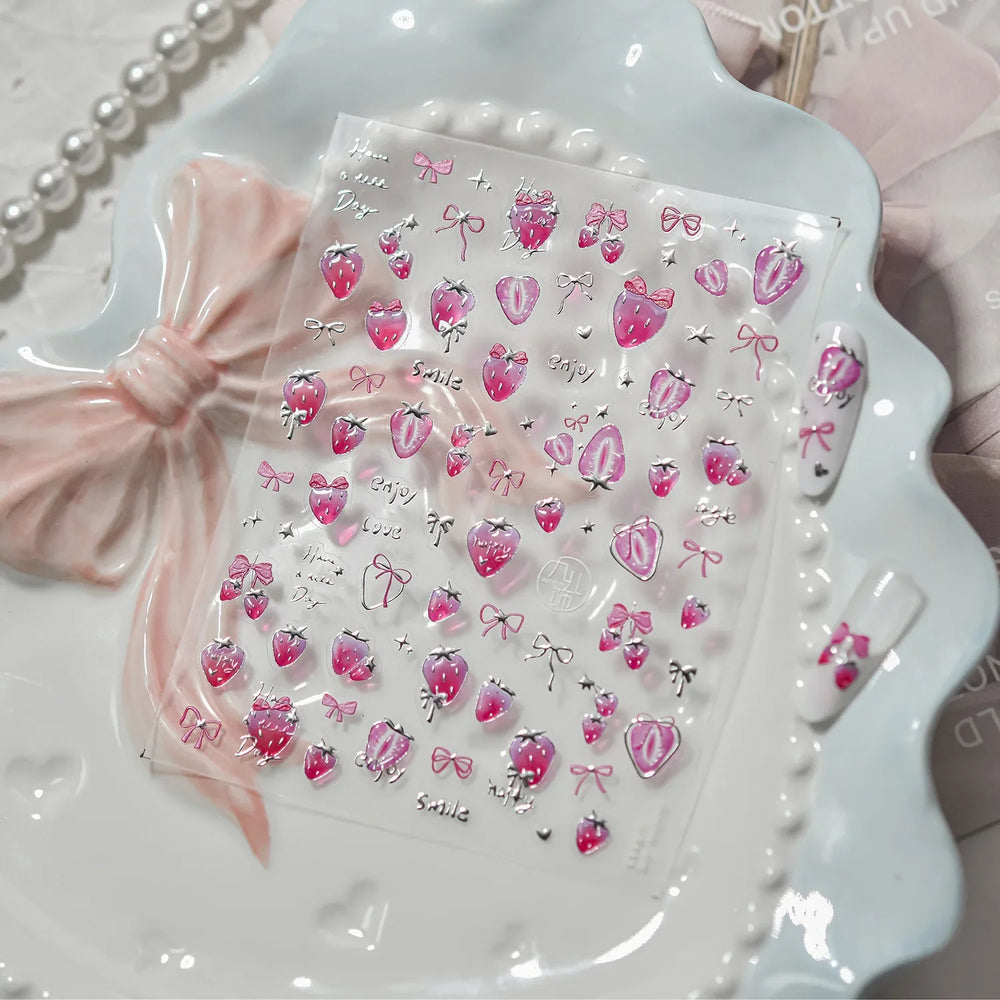 Cute Pink Tempting Strawberries Attractive Fruit Cutting Line Bowknot Star Silver Stamping Chic Nail Art Stickers Manicure Decal (ONLINE ORDER ONLY)