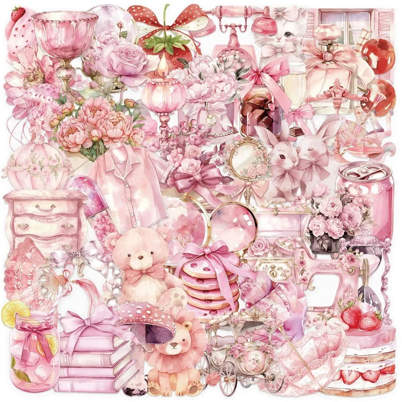 50PCS Cartoon Pink PET Sticky Sticker Aesthetic Korean Stationery DIY Decoration Scrapbooking School Supplies for Kids (ONLINE ORDER ONLY)