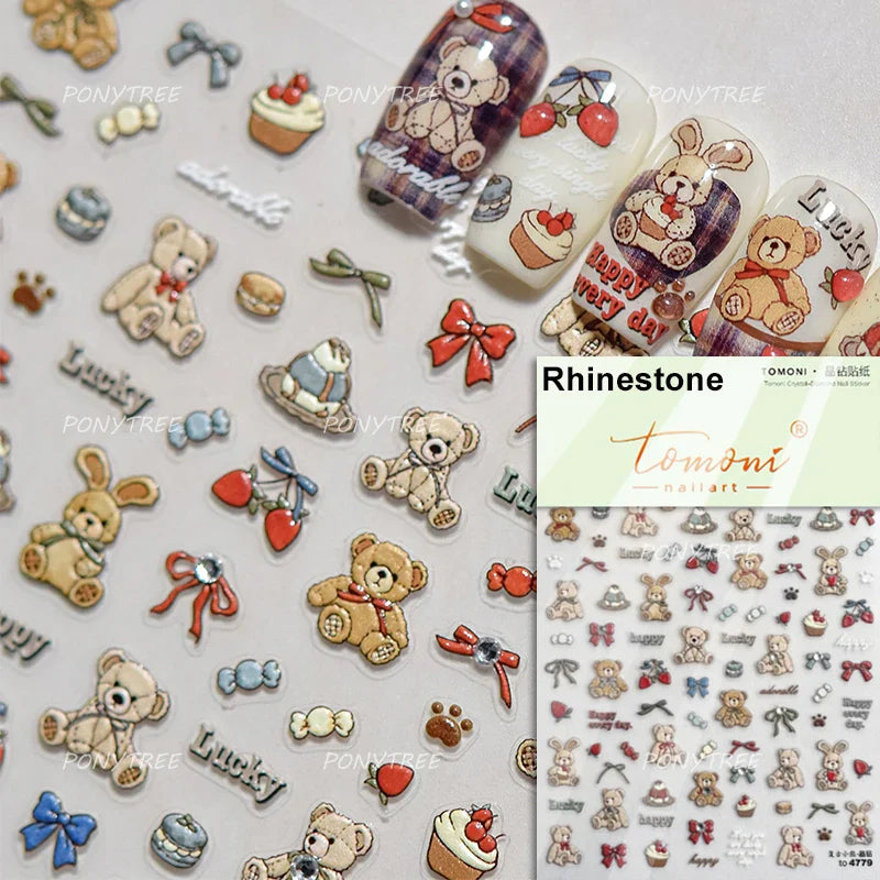 Cute Bear Teddy Birthday Party Maillard Bear Cake Flower Bouquet Lucky Love Heart 5D Adhesive Nail Art Sticker Manicure Decals (Online Order Only)
