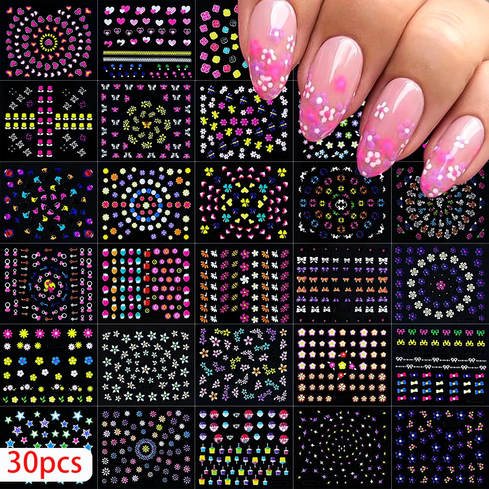 30pcs 3D Flowers Design Nail Art Stickers Colorful Floral Bow Tie Heart Butterfly Design Nail Decals Spring Summer Nail Supplies (Online Order Only)
