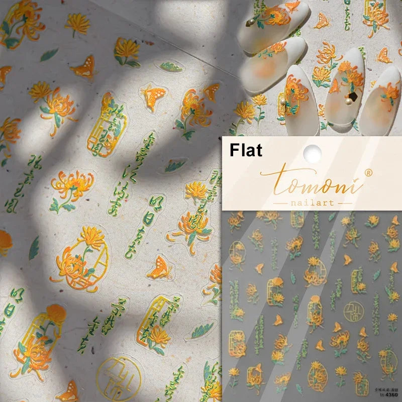 Autumn Fall Maple Leaves Ginkgo Leaf Osmanthus Chrysanthemums Rabbit Bunny Plant Flower Relief Nail Art Sticker Decoration Decal (ONLINE ORDER ONLY)