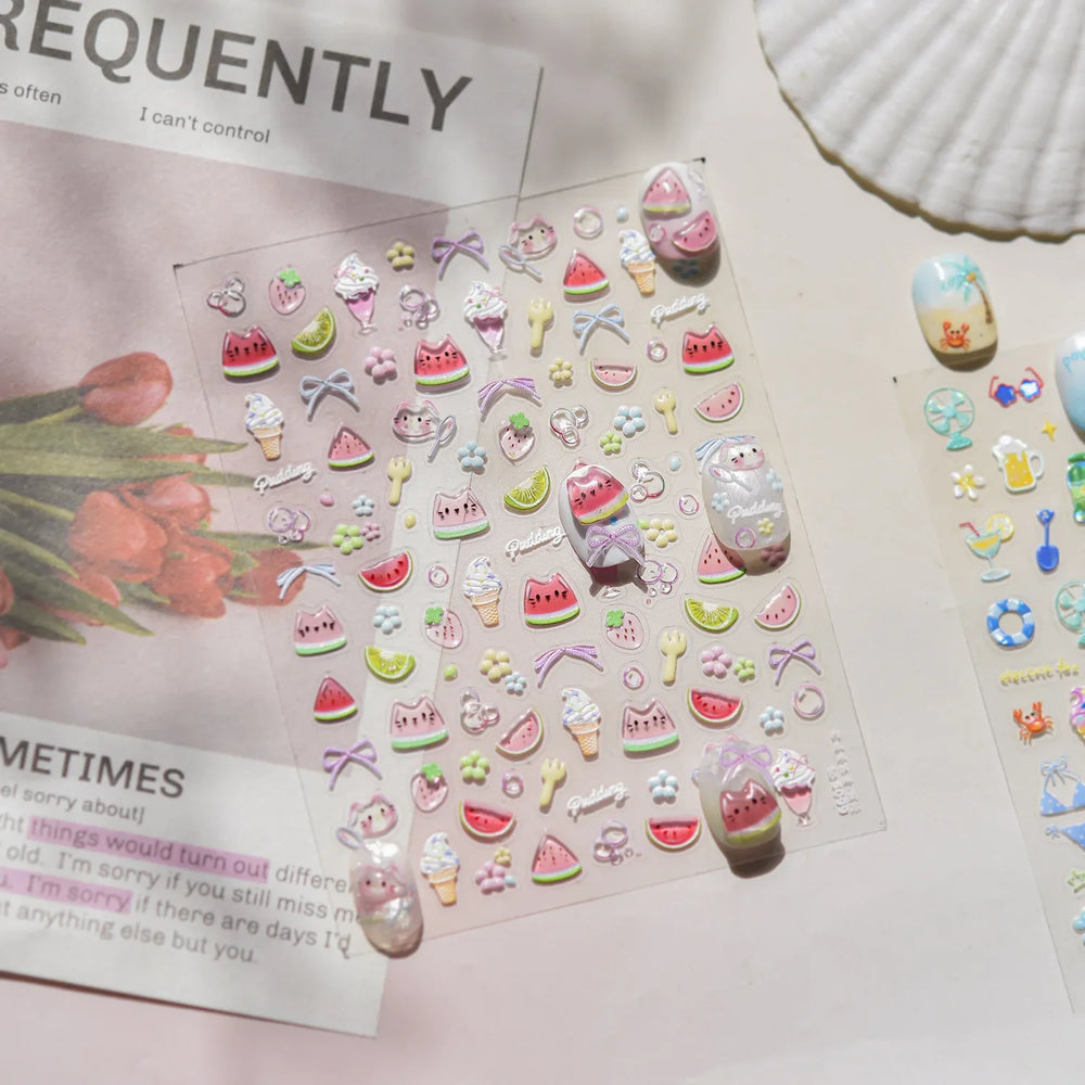 Summer Beach Bikini Watermelon Strawberry Ice Cream Soda Coconut Tree Fan Juice Crab Nail Art Decoration Stickers Manicure Decal (ONLINE ORDER ONLY)