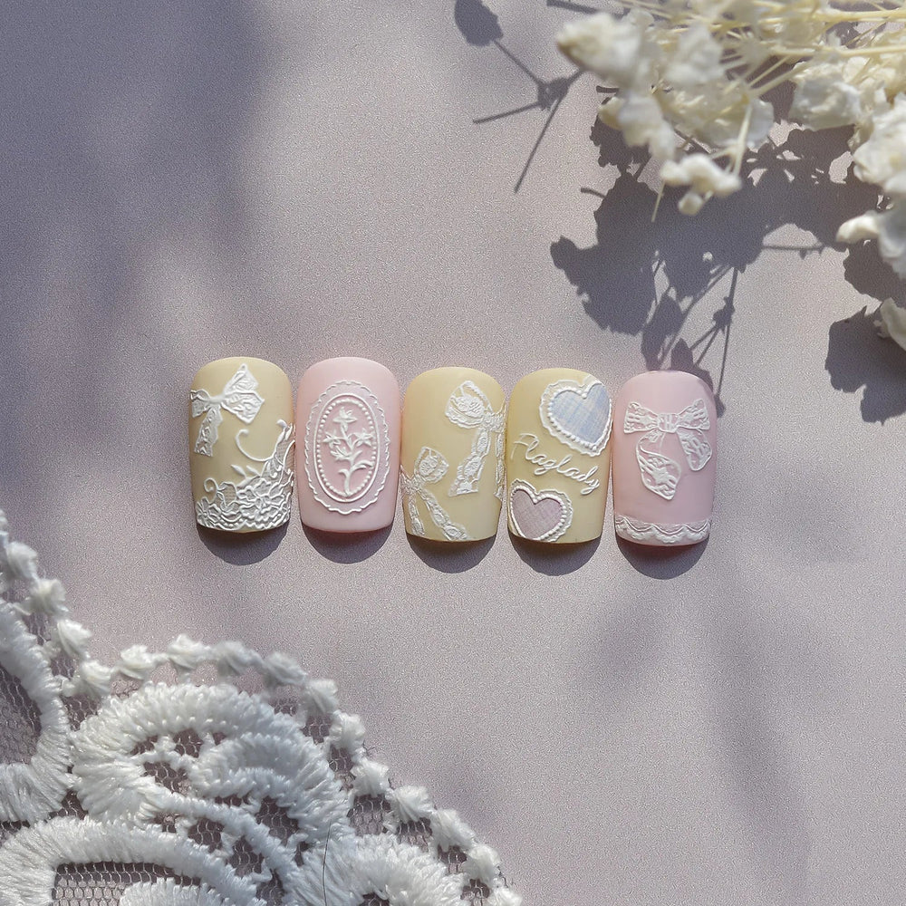 Retro Lace Gird Bowknot Love Heart Flower Leaves Fabric Art Photo Frame Embossed Self Adhesive Nail Art Stickers Manicure Decals (ONLINE ORDER ONLY)