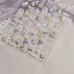 Rose Flower Bouquet Leaves Lace Bowknot Pearl Photo Frame Gird Embossed Reliefs Self Adhesive Nail Art Stickers Manicure Decals (ONLINE ORDER ONLY)