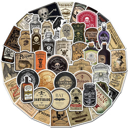Retro Horror Potion Stickers for Suitcase, Skateboard, Laptop, Luggage, Phone, Car - 10/30/50Pcs Decal Set (ONLINE ORDER ONLY)
