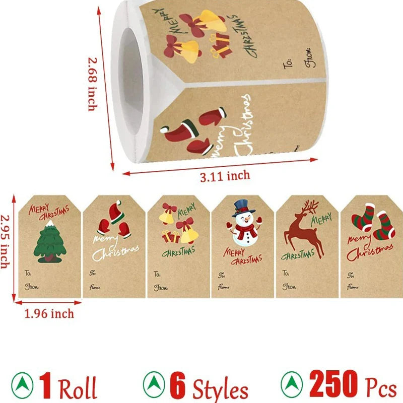 250PCS Christmas Gift Tag Stickers Self-Adhesive for Christmas Presents Labels Sticker Snowmen Xmas Tree Deer Holiday Gift (ONLINE ORDER ONLY)
