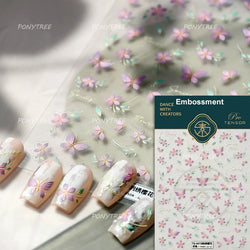 Charming Pink Purple Embroidery Gradual Butterfly Flowers Green Leaf 5D Tender Self Adhesive Nail Art Stickers Manicure Decals (ONLINE ORDER ONLY)