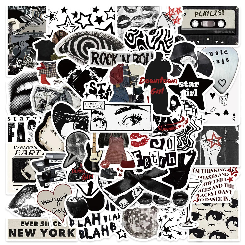 Retro Black & White Y2K Aesthetic Stickers for Luggage, Laptop, Guitar, Phone, Helmet - Waterproof Vinyl Decals (10/30/50PCS) (ONLINE ORDER ONLY)