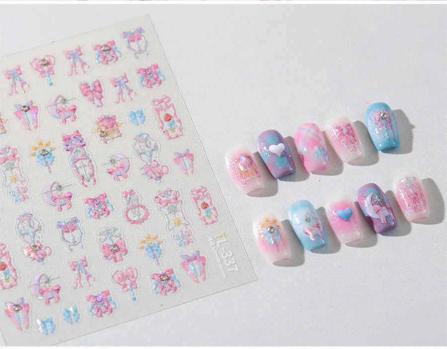 Pink Bowknot Star Moon Starburst Sun Polar Day Polar Night Sword Rose Flower Wreath Adhesive Nail Art Stickers Manicure Decals (ONLINE ORDER ONLY)