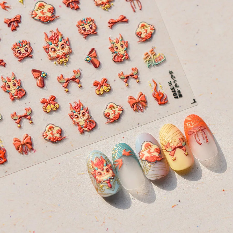 Retro Embroidered Dragon Red Pink Blue White Porcelain Chinese 3D Embossed Relief Self Adhesive Nail Art Stickers Manicure Decal (ONLINE ORDER ONLY)