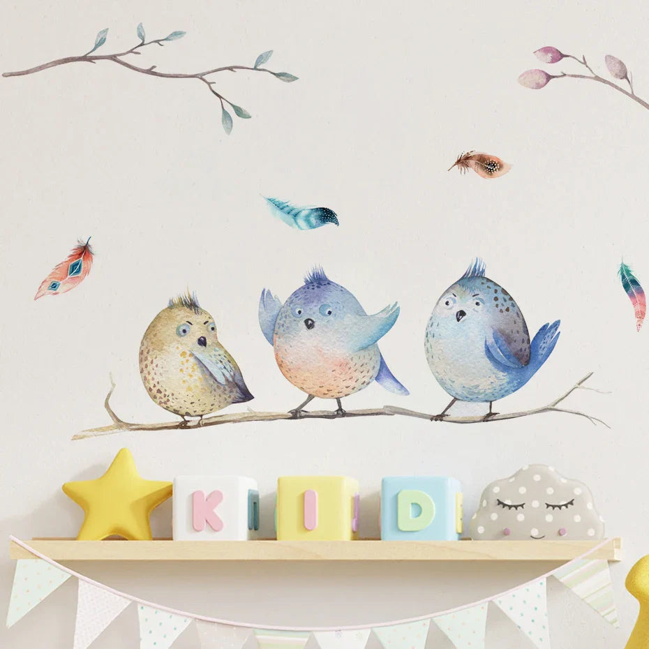 Watercolor Cartoon Bird Leaves Wall Stickers for Kids Nursery Room Decals (Online Order Only)