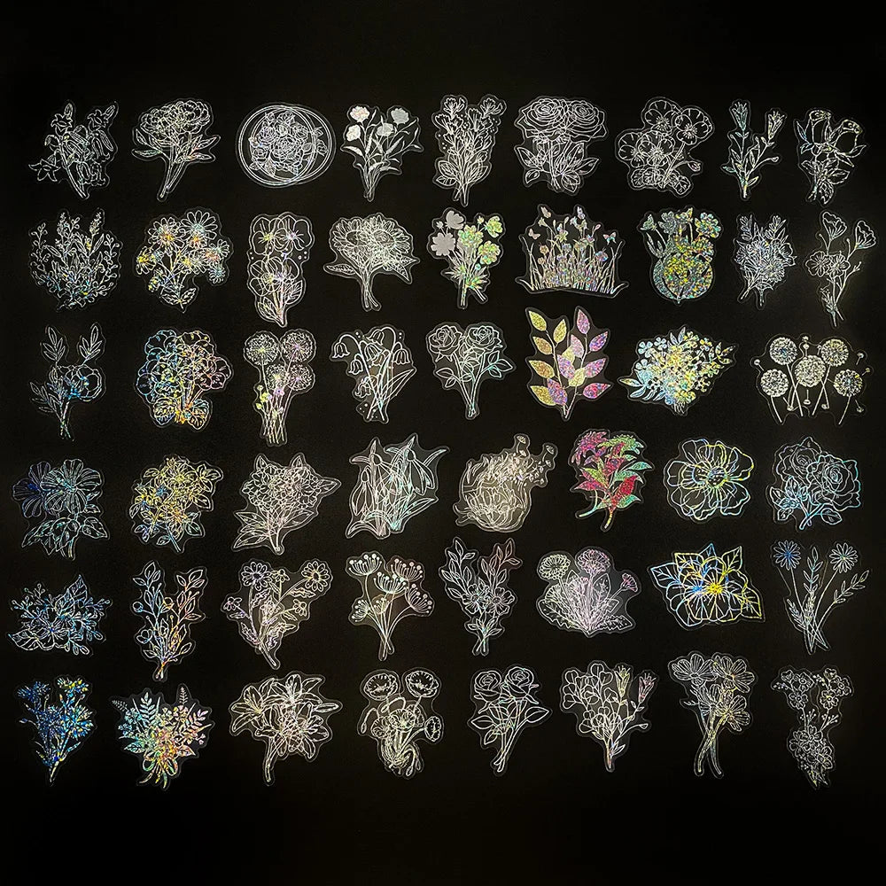 Holographic Flower Cartoon Stickers - 10/30/50/100pcs Kawaii Decal Scrapbooking Stationery (Online Order Only)