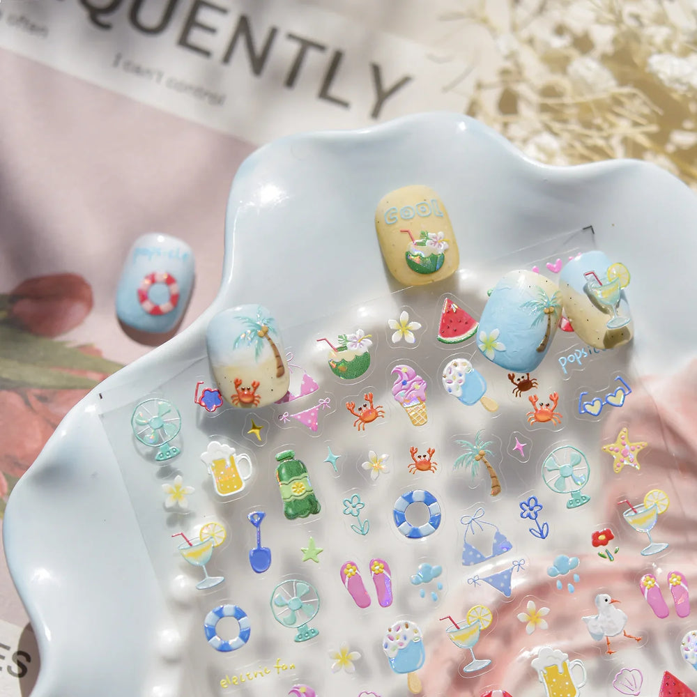 Summer Beach Bikini Watermelon Strawberry Ice Cream Soda Coconut Tree Fan Juice Crab Nail Art Decoration Stickers Manicure Decal (ONLINE ORDER ONLY)