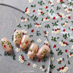 Delicate Chic White Flower Jelly Green Leaves Red Fruits Lily Gardenia Self Adhesive Nail Art Stickers Rhinestone Manicure Decal (Online Order Only)