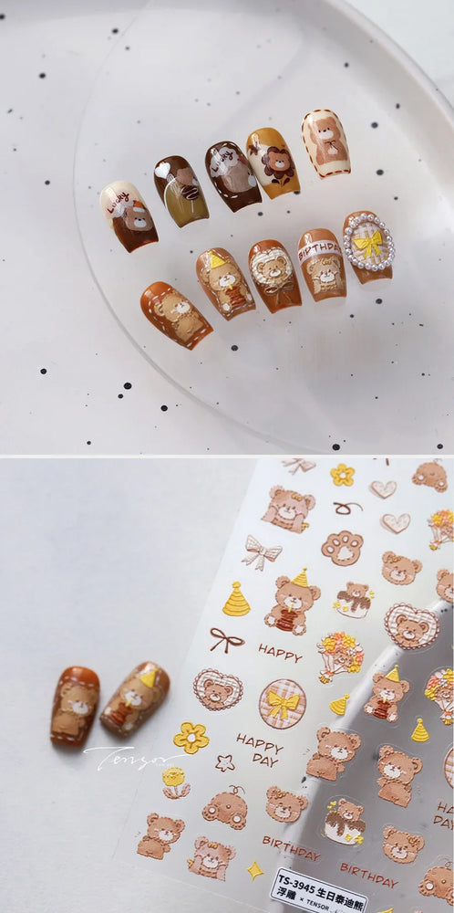 Cute Bear Teddy Birthday Party Maillard Bear Cake Flower Bouquet Lucky Love Heart 5D Adhesive Nail Art Sticker Manicure Decals (Online Order Only)