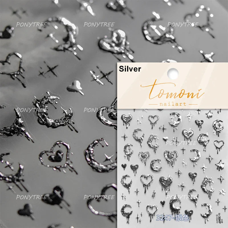 Black Silver Bowknot Love Heart Lace Irregular Line Lava Chic Self Adhesive Nail Art Stickers Embossed Reliefs Manicure Decals (Online Order Only)