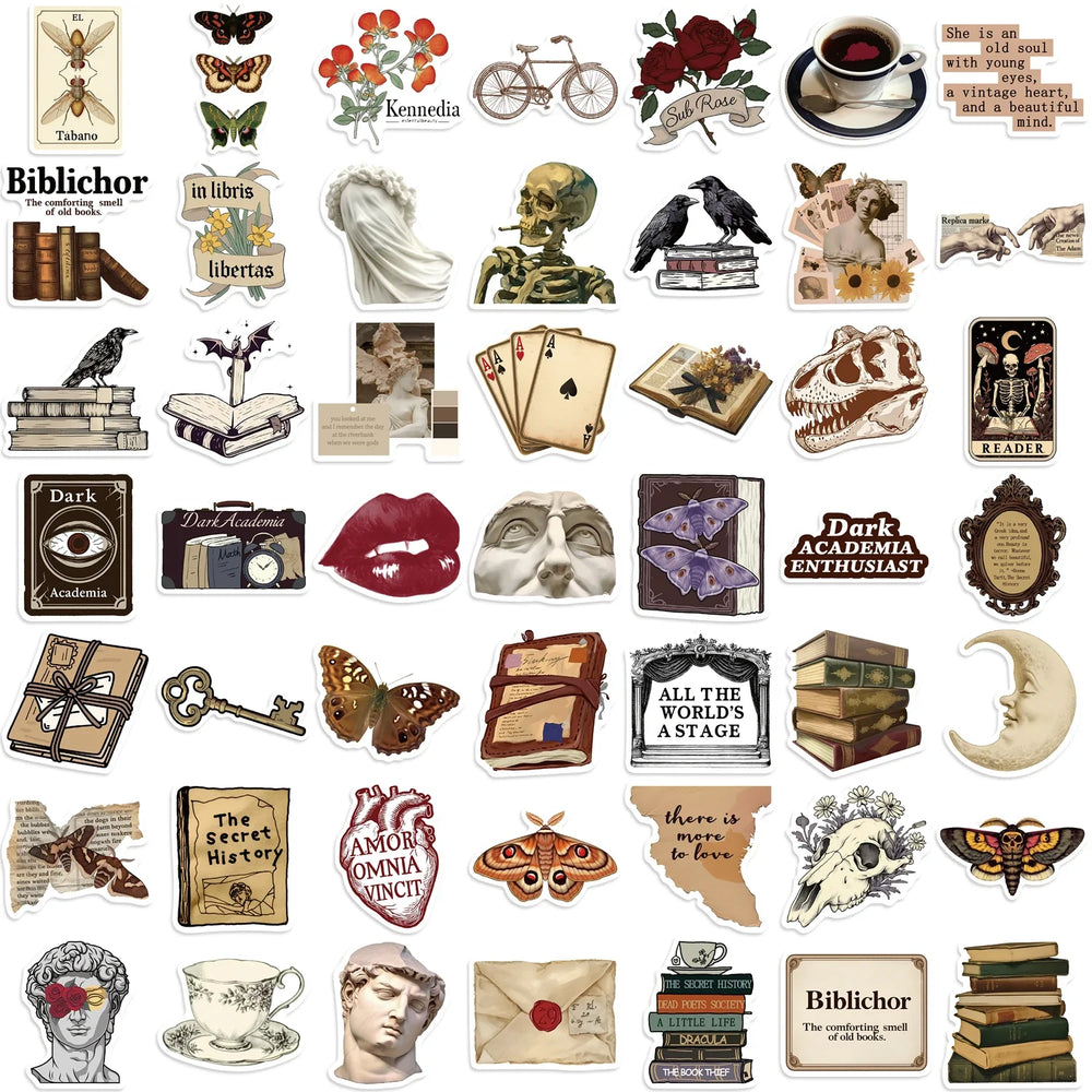 50PCS Cool Aesthetic Dark Academia Stickers Waterproof Cartoon Art Decals Phone Laptop Luggage Skateboard Sticker (ONLINE ORDER ONLY)