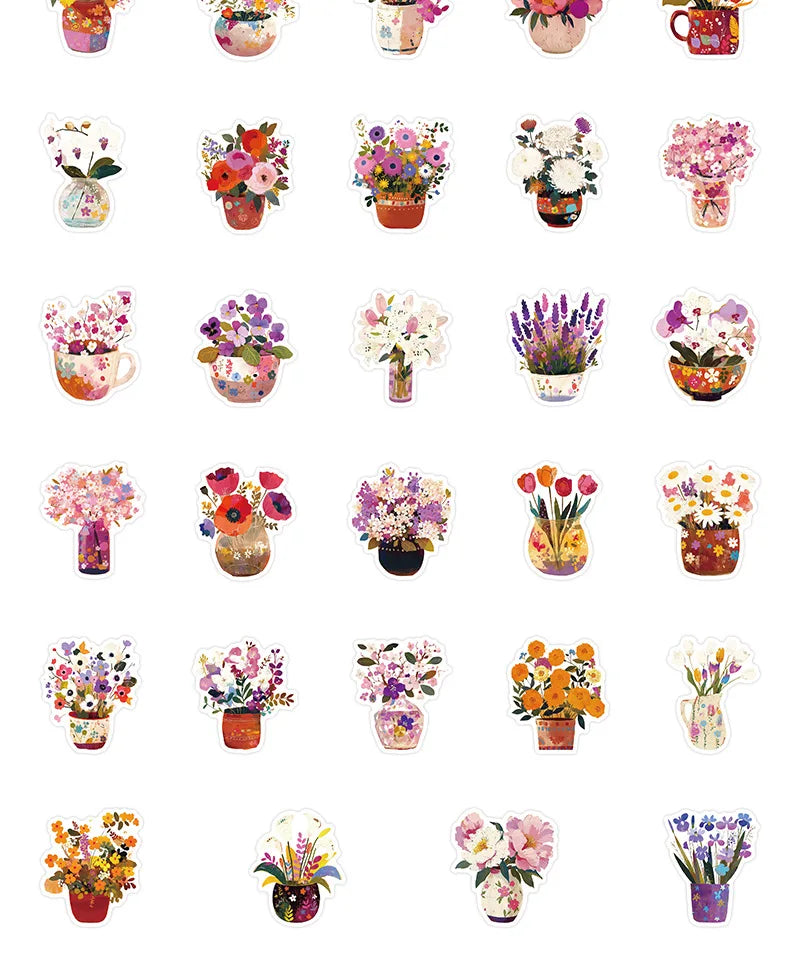 10/30/54PCS Hand Painted Flowers Stickers Flowers in Cup DIY Toy Potted Plants Sticker Laptop Phone Guitar Car Bike Skateboard (ONLINE ORDER ONLY)