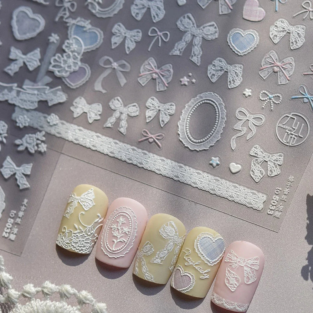 Gird Lace Bowknot Love Heart Flower Fabric Printing Frame Bow Tie Rococo Pattern Daisy Tender Nail Art Stickers Manicure Decals (ONLINE ORDER ONLY)