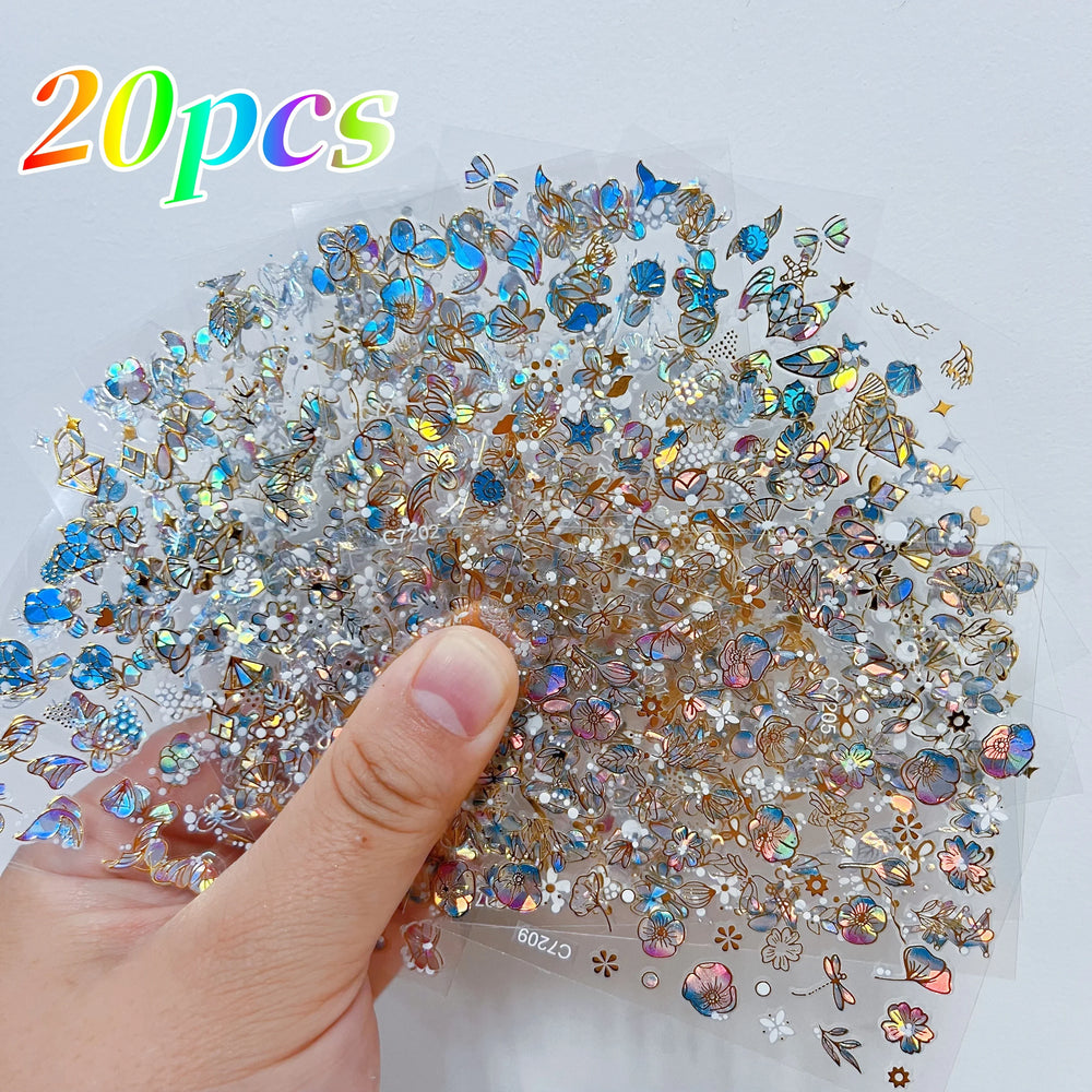 20Pcs Holographic Butterfly Nail Sticker Laser Gold & Sliver Butterfly Adhesive Decal 8.5x6cm 3D Glitter Foil DIY Manicure Decor (Online Order Only)