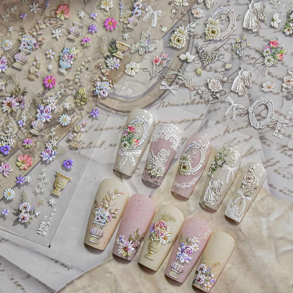 European Garden Angel Wing White Rose Flower Bed Vase Lace Bowknot Statue Adhesive Nail Art Decoration Sticker Manicure Decals (ONLINE ORDER ONLY)