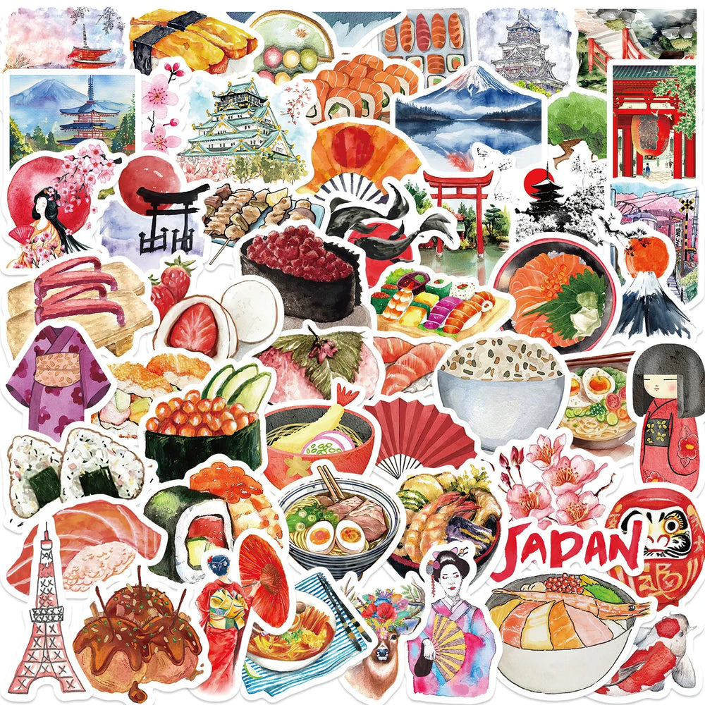 64pcs Watercolor Japan Travel Cartoon Graffiti Sticker DIY Phone Guitar Laptop Notebook Suitcase Cup Waterproof Sticker Kid Toy﻿ (Online Order Only)