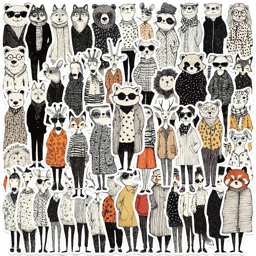 50pcs Funny Retro Fashion Cartoon Animals Graffiti Stickers For Luggage Laptop Guitar Phone Diary Waterproof Vinyl Decals (Online Order Only)