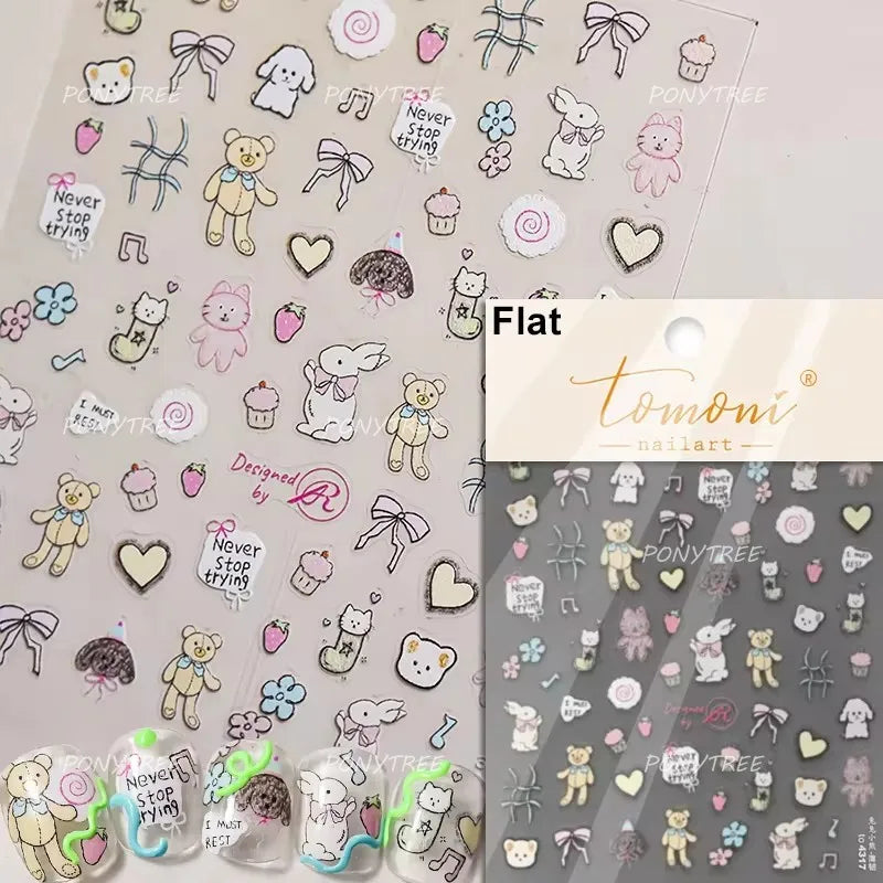 Graffiti Rabbit Dog Bunny Milk Strawberry Jewel Candy Knife Envelope Soft Relief Adhesive Nail Art Stickers Cute Manicure Decals (Online Order Only)