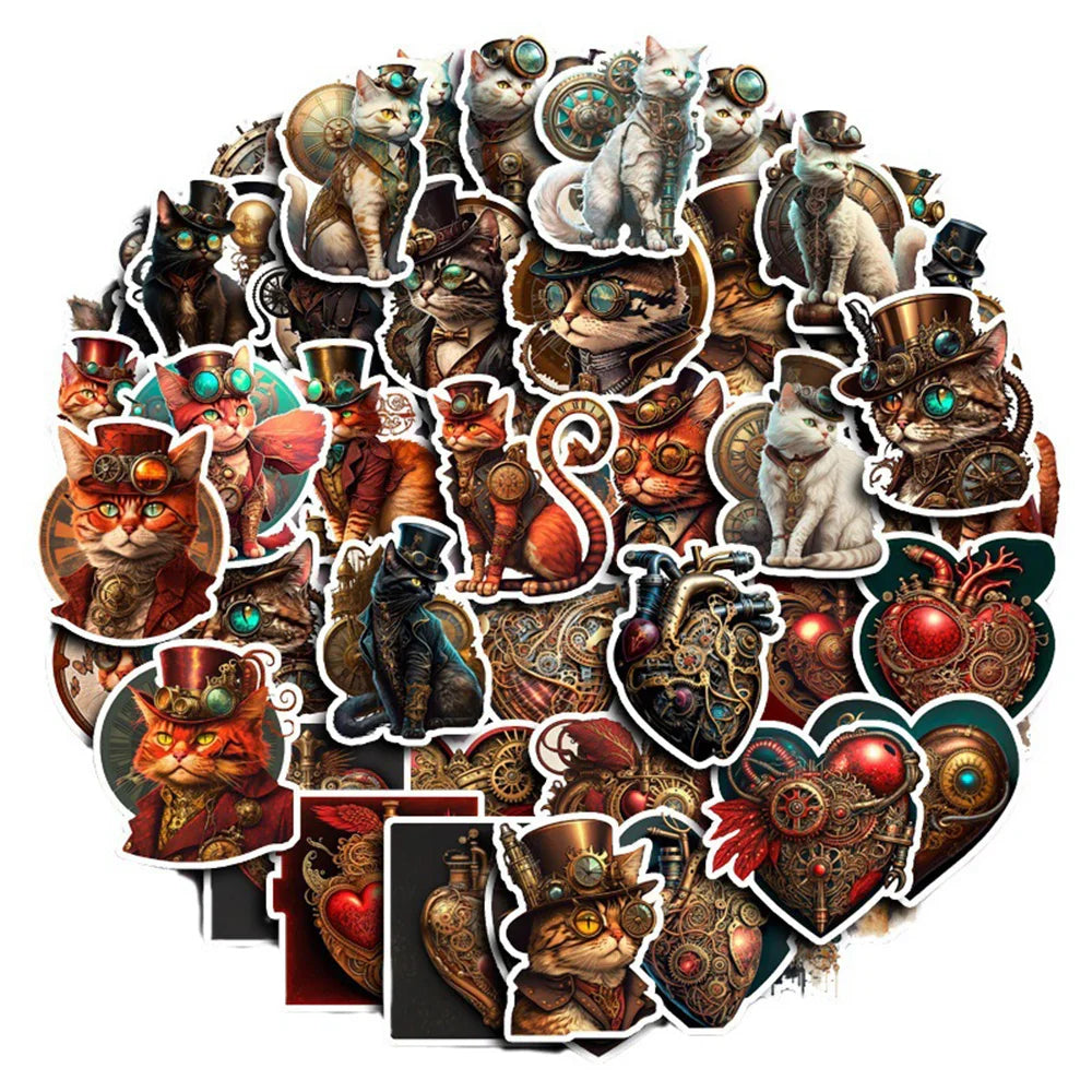 10/30/50pcs Vintage Steampunk Cat Sticker Packs (ONLINE ORDER ONLY)