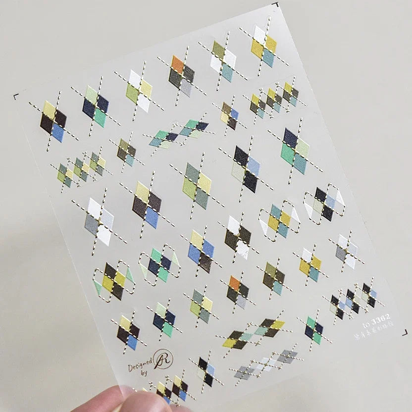 French Style Geometric Black White Square Grid Rhombus Stripe 3D Self Adhesive Nail Art Stickers Shiny Rhinestone Manicure Decal (ONLINE ORDER ONLY)