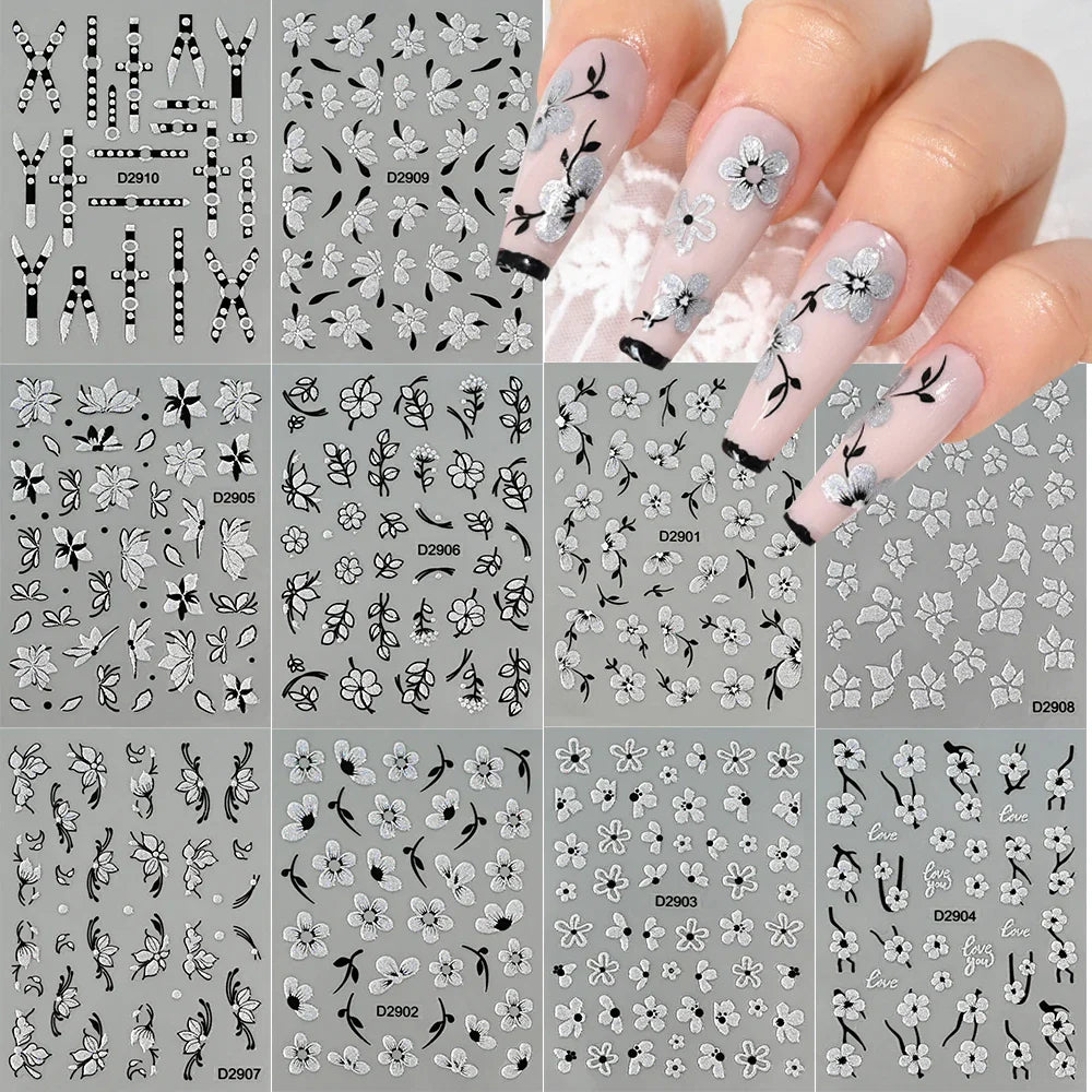 1pcs 5D Floral Nail Art Stickers Acrylic Flowers Decals with Glitter Self-Adhesive Elegant Silver Black Blossoms Theme Nail Art* (ONLINE ORDER ONLY)