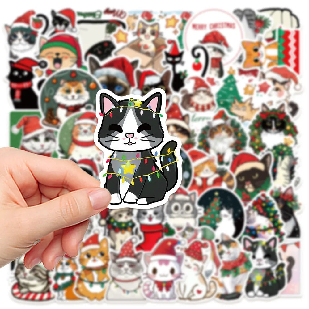 10/50pcs Kawaii Cartoon Christmas Cat Aesthetic Stickers Kids Toy Diary Laptop Scrapbook New Year Decoration Graffiti Sticker (Online Order Only)