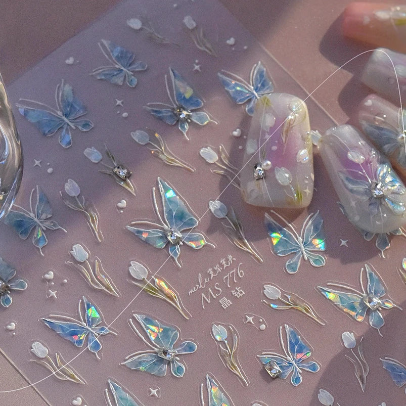 Blue Purple Tulip Flower Butterfly Garden Blossom Floral Charming Delicate 5D Relief Adhesive Nail Art Stickers Manicure Decals (ONLINE ORDER ONLY)