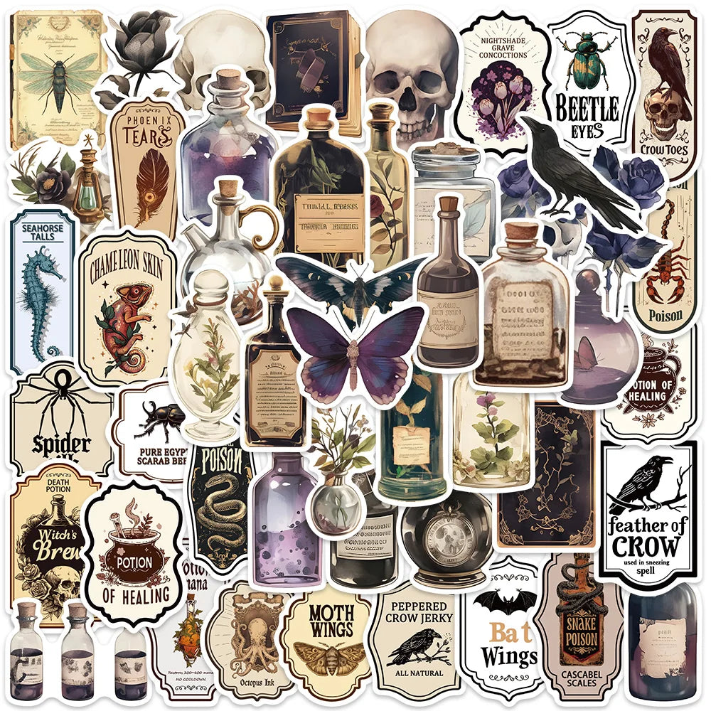 50/100pcs Retro Darkness Aesthetic Alchemy Notes Stickers Crow Skull Potion Laptop Decals Waterproof Luggage Guitar Stickers (Online Order Only)