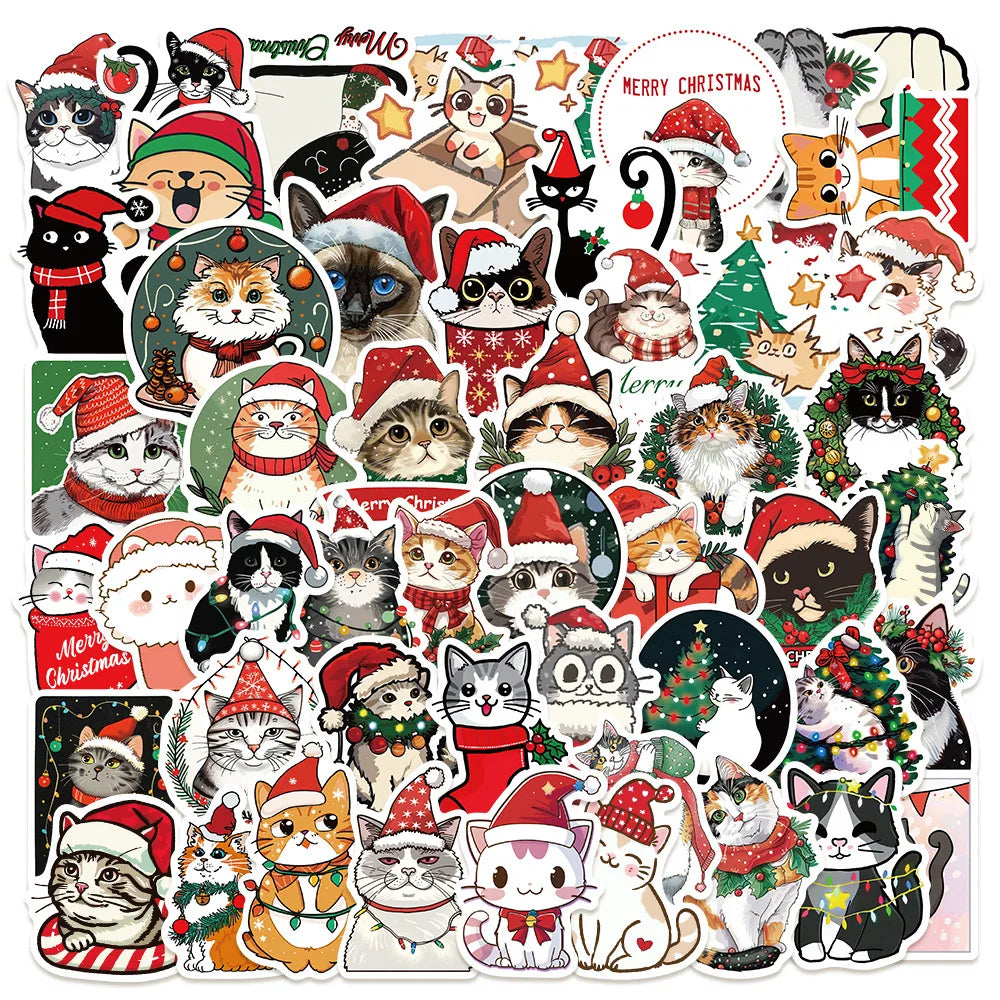 10/50pcs Cute Funny Cartoon Christmas Cat Stickers DIY Skateboard Travel Luggage Scrapbook Phone Laptop Fridge Sticker Toy (Online Order Only)