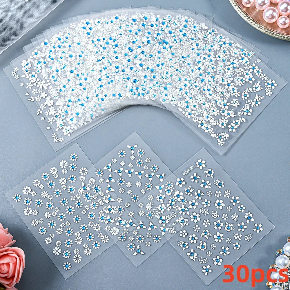 30Sheet 3D Glitter Christmas Nail Art Stickers Santa Claus Snowflake Elk Christmas Tree Design Nail Decals Cartoon Nail Supplies (Online Order Only)
