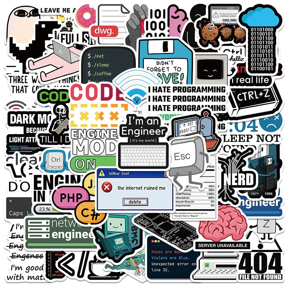 Cartoon Geek Java Programming Stickers for Laptop, Phone, Luggage, Car - 10/30/50pcs (Online Order Only)