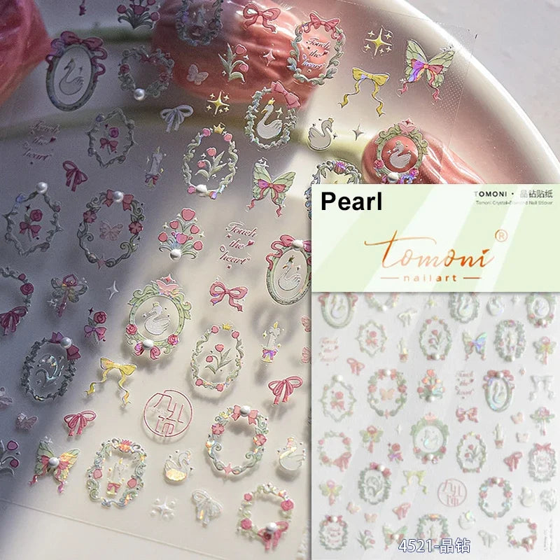 Romantic Candle Holder Lace Rambler Rose Pink Flower Bowknot Candlestick Ribbon Adhesive Nail Art Stickers Shiny Manicure Decals (ONLINE ORDER ONLY)