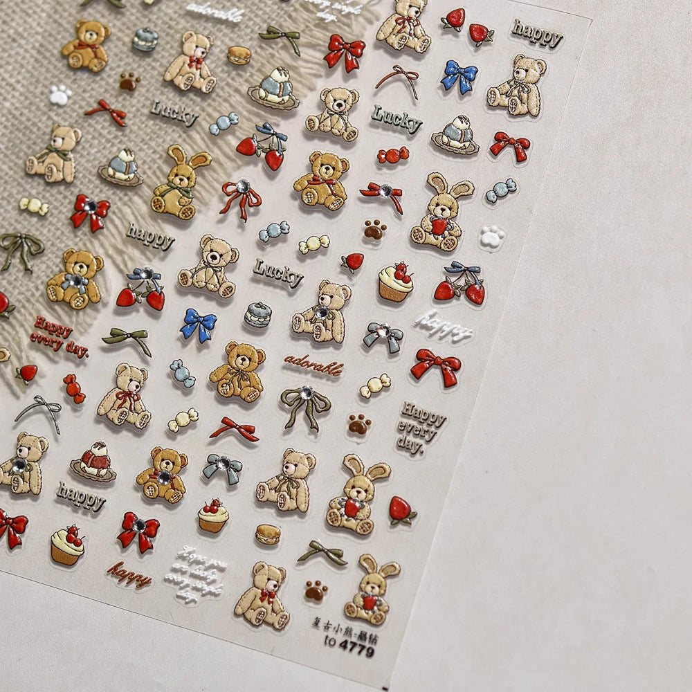 Charm Retro Bear Candy Cake Bowknot Rabbit Bunny Strawberry Footprint Muffin 3D Adhesive Nail Art Stickers Chic Manicure Decals (ONLINE ORDER ONLY)
