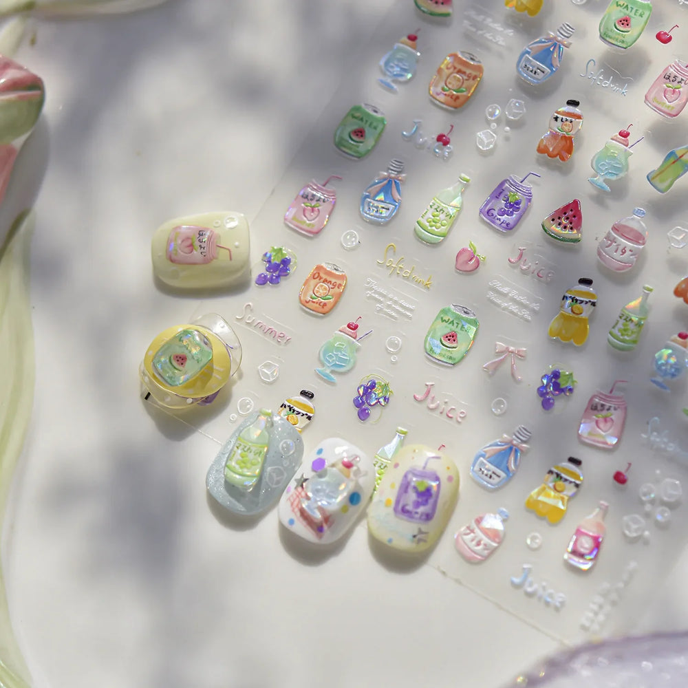 Soda Fruit Beverage Bottle Bear Watermelon Popsicle Dessert Ice Cream Cat Cherry Strawberry Bow Summer Nail Art Stickers Decals (ONLINE ORDER ONLY)
